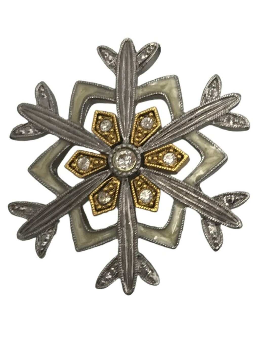Liz Claiborne Silver & Gold Tone Enamel, Rhinestone Snowflake Brooch Pin, M101